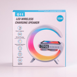 Портативна колонка c RGB-підсвічуванням BT/TF/Wireless Charger/USB/FM/AUX/Clock 15 Вт, біла. Photo 3