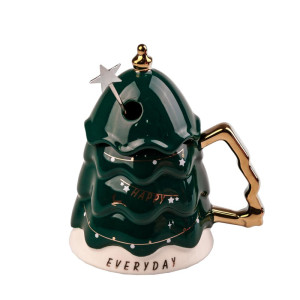Чашка керамічна 460 мл Christmas tree з кришкою та паличкою для розмішування, зелений