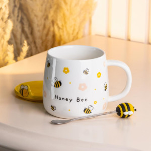 Чашка керамічна Bee 450 мл з кришкою та ложкою, honey bee. Photo 3