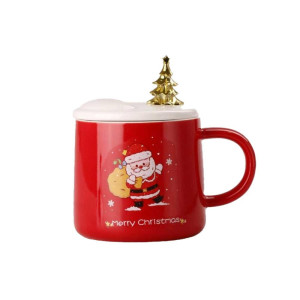 Чашка керамічна 400 мл Merry Christmas з кришкою та ложкою, червоний