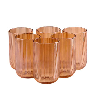 Набір склянок високих фігурних прозорих ребристих із товстого скла 6 штук, бурштиновий