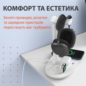 Підставка для навушників 4 в 1 з бездротовою зарядкою для iOS і Android, чорна. Photo 3
