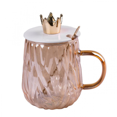 Чашка скляна 400 мл з кришкою та ложкою, tea color