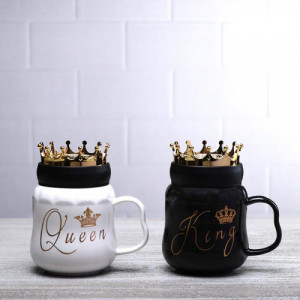 Набір чашок керамічних 350 мл Queen&King з кришкою та ложкою 2 штуки. Photo 2