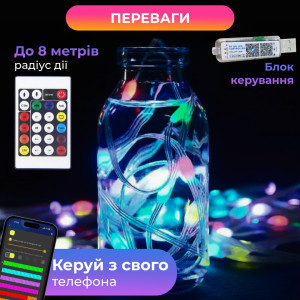 Розумна гірлянда Smart 250 LED довжина 2,5 м з керуванням смартфона прозора, мультиколор. Photo 2