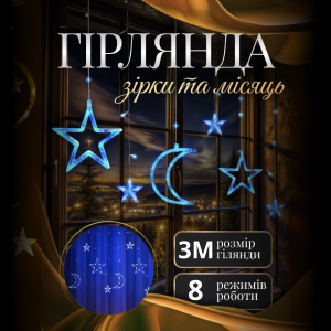 Гірлянда-штора Місяць і зірки розмір 3*0,9 м 12 фігур, синій