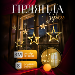 Гірлянда-штора Зірки розмір 3*0,7 м 12 фігур, жовтий
