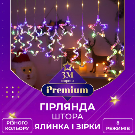 Гірлянда-штора Зірки та ялинки розмір 3*0,9 м 10 фігур, мультиколор