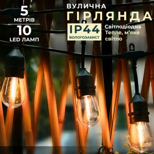 Ретро-гірлянда вулична 10 LED G20 довжина 5 метрів, тепле світло