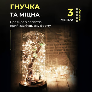 Гірлянда Роса нитка 30 LED довжина 3 м на батарейках, жовтий. Photo 3