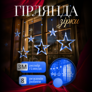 Гірлянда-штора Зірки розмір 3*0,7 м 12 фігур, синій