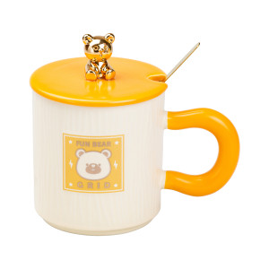 Чашка керамічна Fun Bear Grid 300 мл з кришкою та ложкою, жовтий