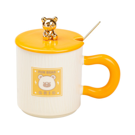 Чашка керамічна Fun Bear Grid 300 мл з кришкою та ложкою, жовтий