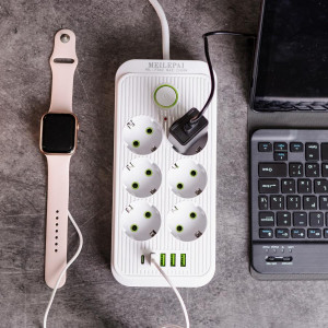 Мережевий фільтр 5 м подовжувач F06U на 6 розеток 4 USB 1 Type-C та кнопкою відключення Білий HP-5-25. Photo 2