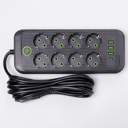 Мережевий фільтр 2.8 м подовжувач на 8 розеток з 3 USB 1 Type-C та кнопкою відключення F20U Чорний HP-5-28