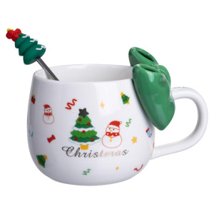Новогодняя фарфоровая чашка с ложкой Merry Christmas 400 (мл) Зеленый Yiwu FM-CS-19B. Photo 2