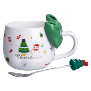 Новогодняя фарфоровая чашка с ложкой Merry Christmas 400 (мл) Зеленый Yiwu FM-CS-19B. Photo 3