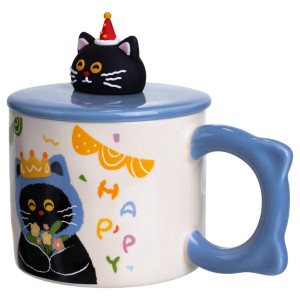 Чашка порцелянова з кришкою Kitten's Birthday 400 (мл) подарункова кружка прикольна чашка для дітей на подарунок Синій FM-24A. Photo 2