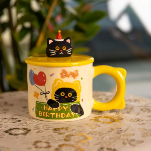 Чашка порцелянова з кришкою Kitten's Birthday 400 (мл) подарункова кружка прикольна чашка для дітей на подарунок Жовтий FM-24B