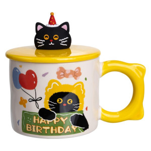 Чашка порцелянова з кришкою Kitten's Birthday 400 (мл) подарункова кружка прикольна чашка для дітей на подарунок Жовтий FM-24B. Photo 3