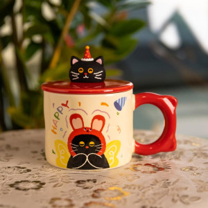Чашка порцелянова з кришкою Kitten's Birthday 400 (мл) подарункова кружка прикольна чашка для дітей на подарунок Червоний FM-24D