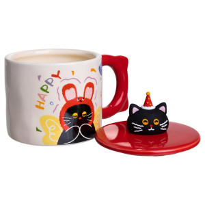 Чашка порцелянова з кришкою Kitten's Birthday 400 (мл) подарункова кружка прикольна чашка для дітей на подарунок Червоний FM-24D. Photo 2
