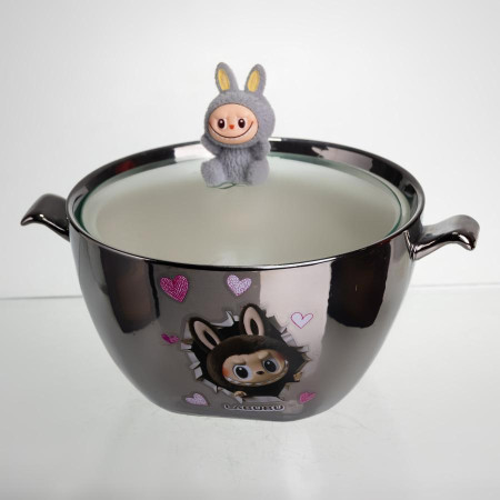 Бульйонниця порцелянова Labubu з кришкою та ручками 800 (мл) Ø15 (см) дитяча тарілка для супу та локшини Сріблястий з сірим FM-34A