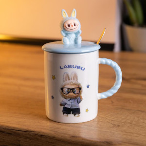 Чашка порцелянова з кришкою і ложкою Labubu 400 (мл) подарункова кружка прикольна чашка для дітей на подарунок Блакитний FM-35B