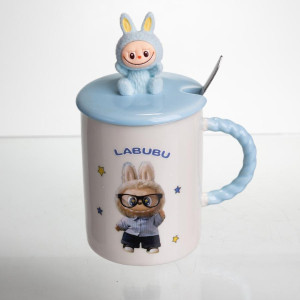 Чашка порцелянова з кришкою і ложкою Labubu 400 (мл) подарункова кружка прикольна чашка для дітей на подарунок Блакитний FM-35B. Photo 2