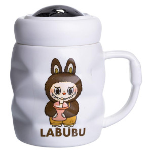 Чашка порцелянова з кришкою Labubu 400 (мл) подарункова кружка прикольна чашка для дітей на подарунок Білий з темно-коричневим FM-54C. Photo 2