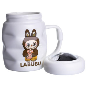 Чашка порцелянова з кришкою Labubu 400 (мл) подарункова кружка прикольна чашка для дітей на подарунок Білий з темно-коричневим FM-54C. Photo 3