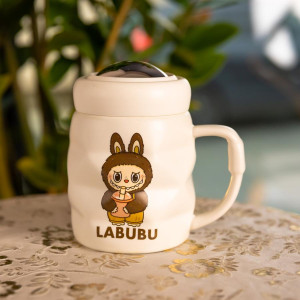 Чашка порцелянова з кришкою Labubu 400 (мл) подарункова кружка прикольна чашка для дітей на подарунок Білий з жовтим FM-54D