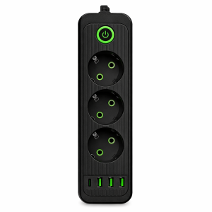 Мережевий фільтр чорний з вимикачем 3 розетки 3хUSB-A 1xUSB-C 3м HP-5-34