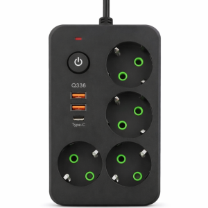 Мережевий фільтр-подовжувач 4 розетки 2xUSB-A 1xUSB-C 3м чорний HP-5-46